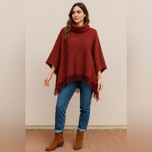 Glenmont Design Vintage Red Bouclé Knit Poncho with Rainbow Fringe One Size